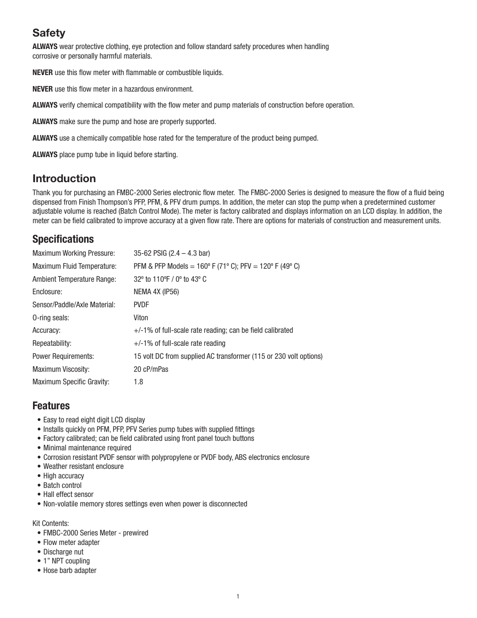 Safety, Introduction, Specifications | Features | Finish Thompson FMBC2000 Series User Manual | Page 3 / 10