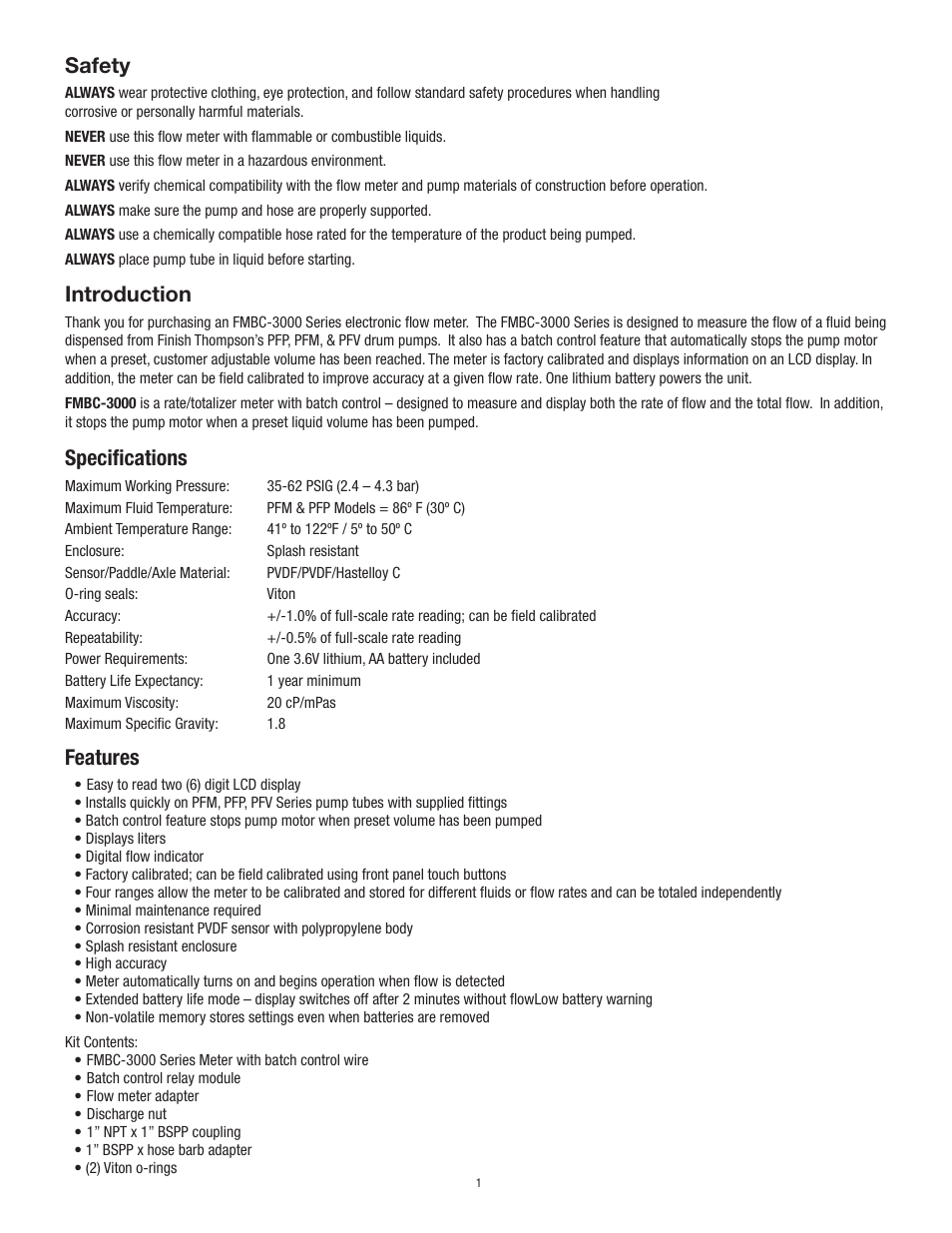 Safety, Introduction, Specifications | Features | Finish Thompson FMBC3000 Series User Manual | Page 3 / 7