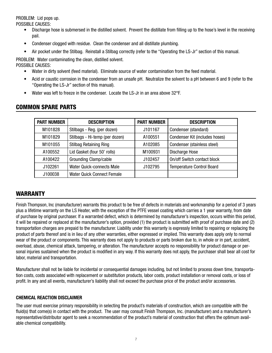 Common spare parts, Warranty | Finish Thompson LS-JRE User Manual | Page 7 / 8