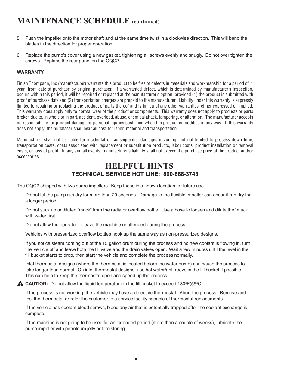 Helpful hints, Maintenance schedule | Finish Thompson CQC2 User Manual | Page 10 / 12