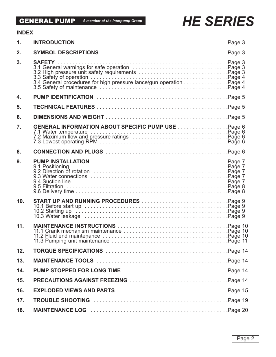 He series | General Pump HE User Manual | Page 2 / 20