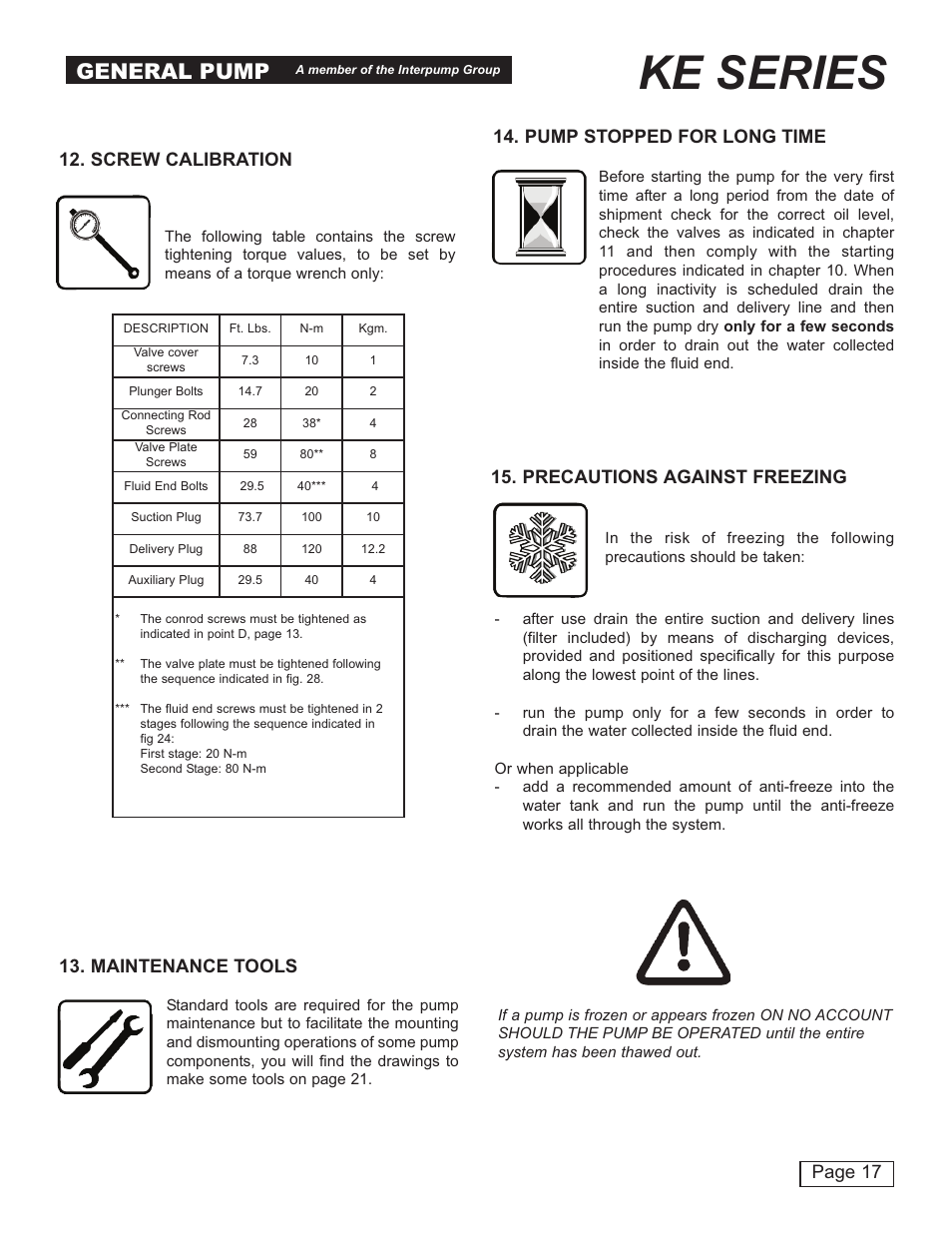 Ke series, General pump, Page 17 | Screw calibration 13. maintenance tools, Pump stopped for long time, Precautions against freezing | General Pump KE Owner Manual User Manual | Page 17 / 22