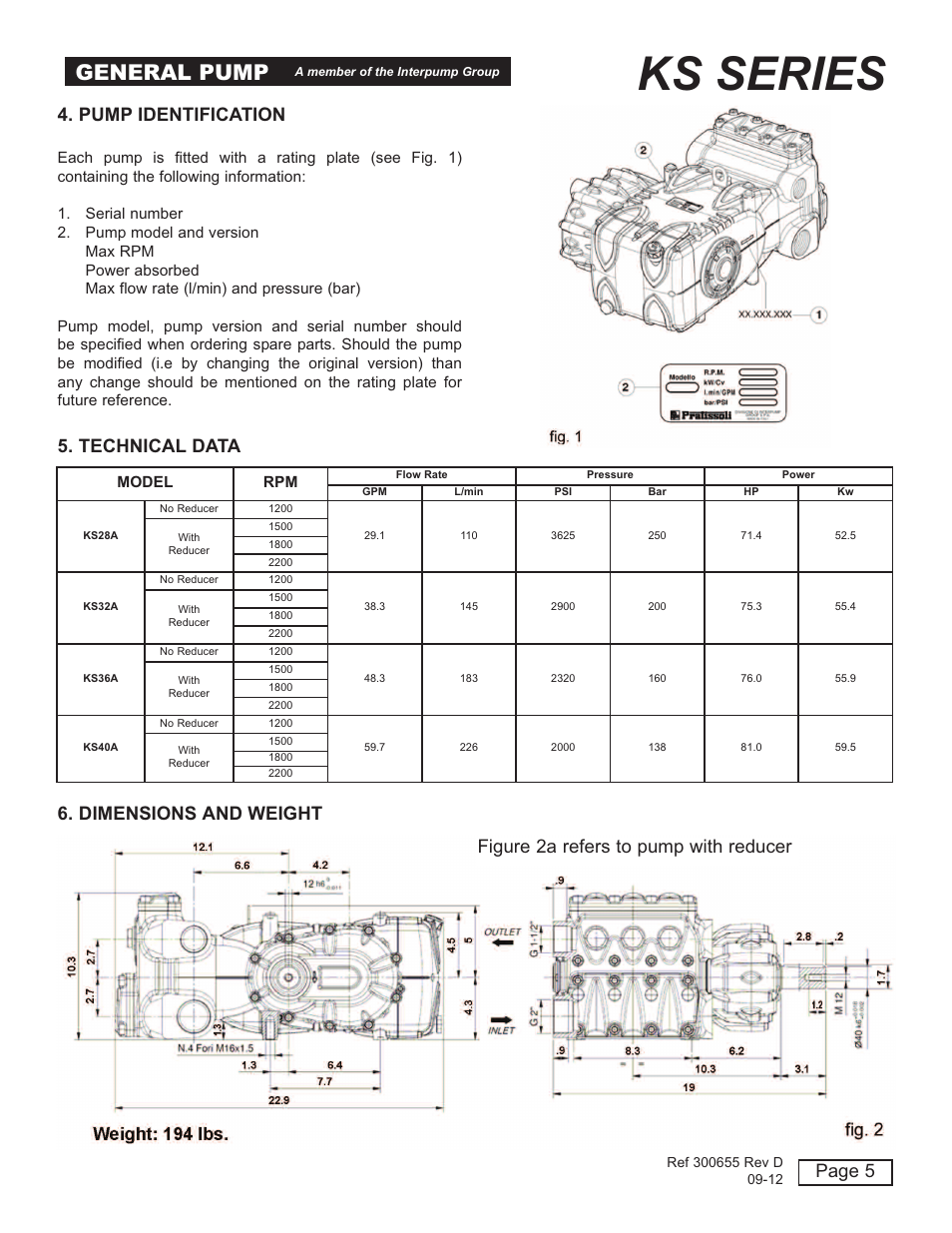 Ks series, General pump, Page 5 4. pump identification | Technical data 6. dimensions and weight, Figure 2a refers to pump with reducer | General Pump KS Owner Manual User Manual | Page 5 / 23