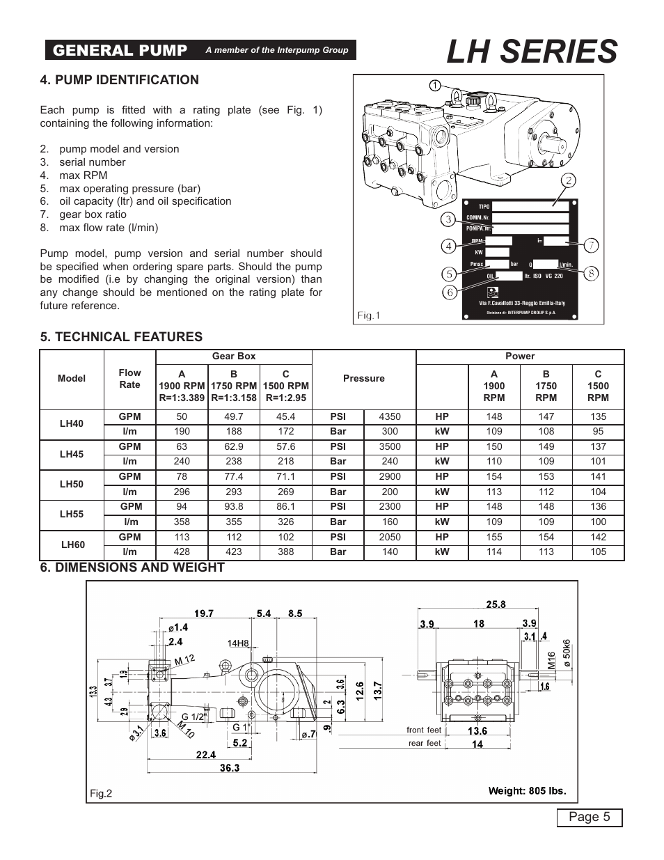 Lh series, General pump, Page 5 4. pump identification | Technical features 6. dimensions and weight | General Pump LH User Manual | Page 5 / 21