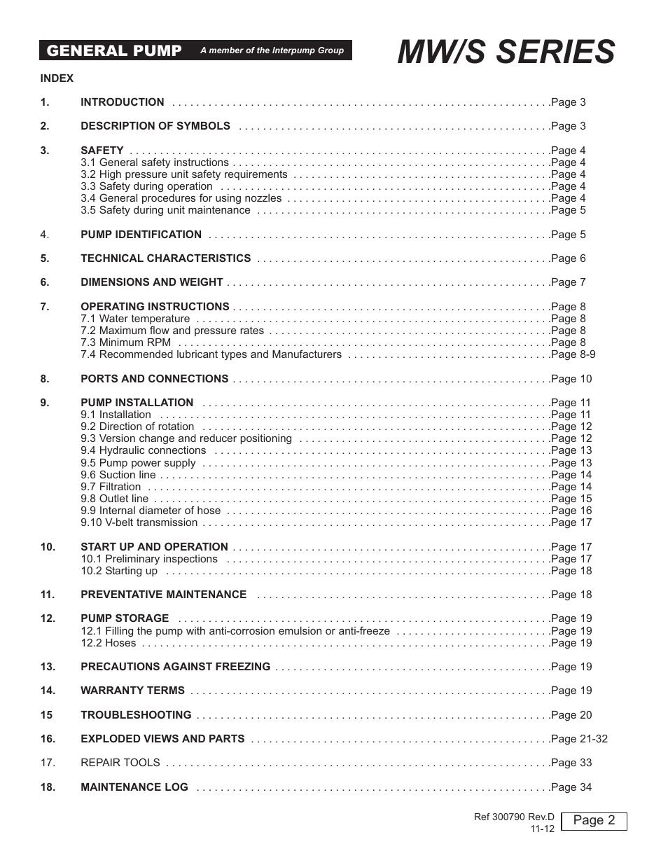 Mw/s series, General pump | General Pump MW Owners Manual User Manual | Page 2 / 34