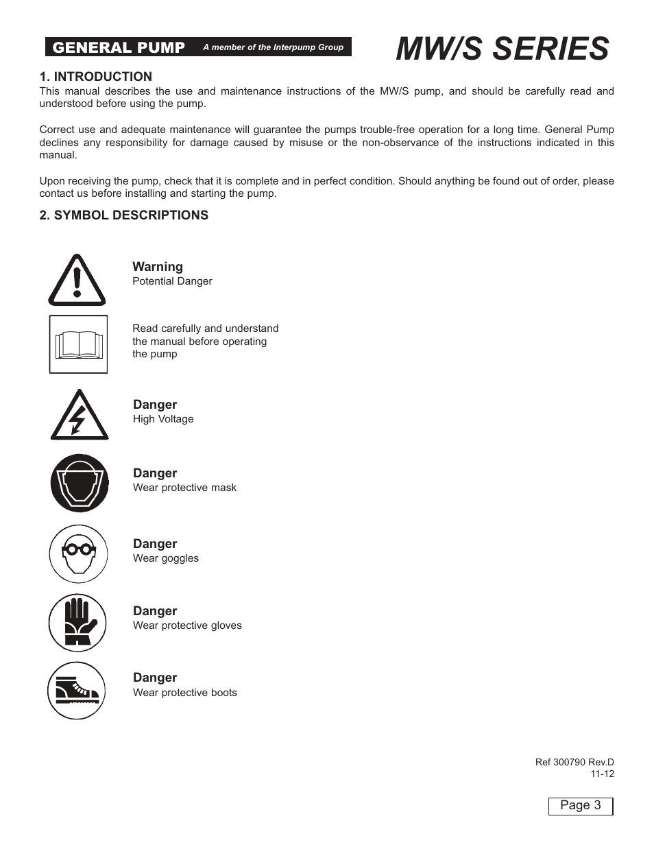 Mw/s series, General pump | General Pump MW Owners Manual User Manual | Page 3 / 34