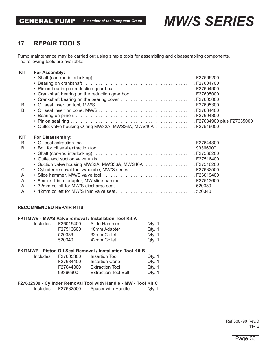 Mw/s series, General pump, Repair tools | General Pump MW Owners Manual User Manual | Page 33 / 34