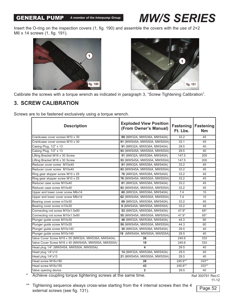 Mw/s series, General pump, Screw calibration | Page 52 | General Pump MW Repair Manual User Manual | Page 52 / 54