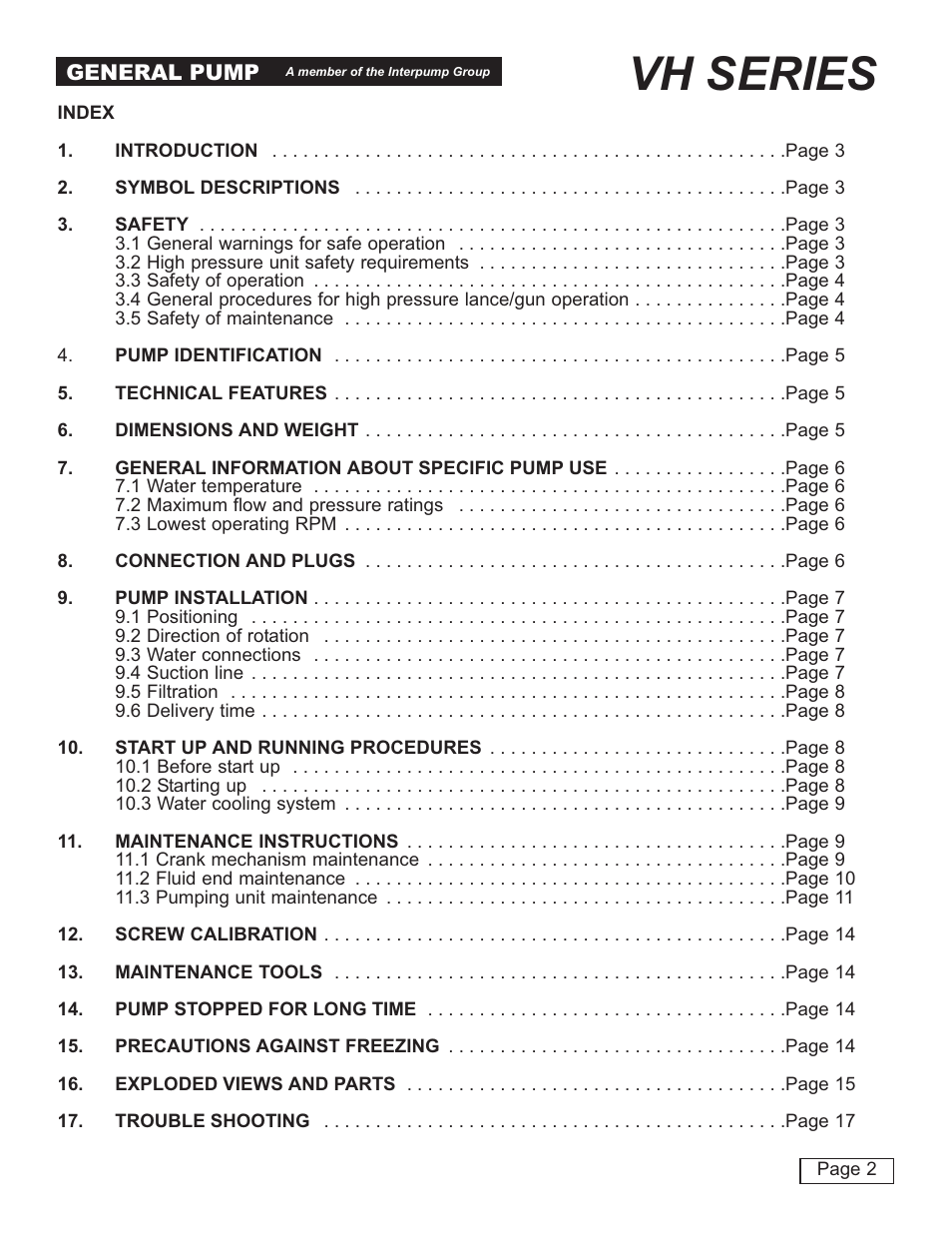 Vh series | General Pump VH User Manual | Page 2 / 18