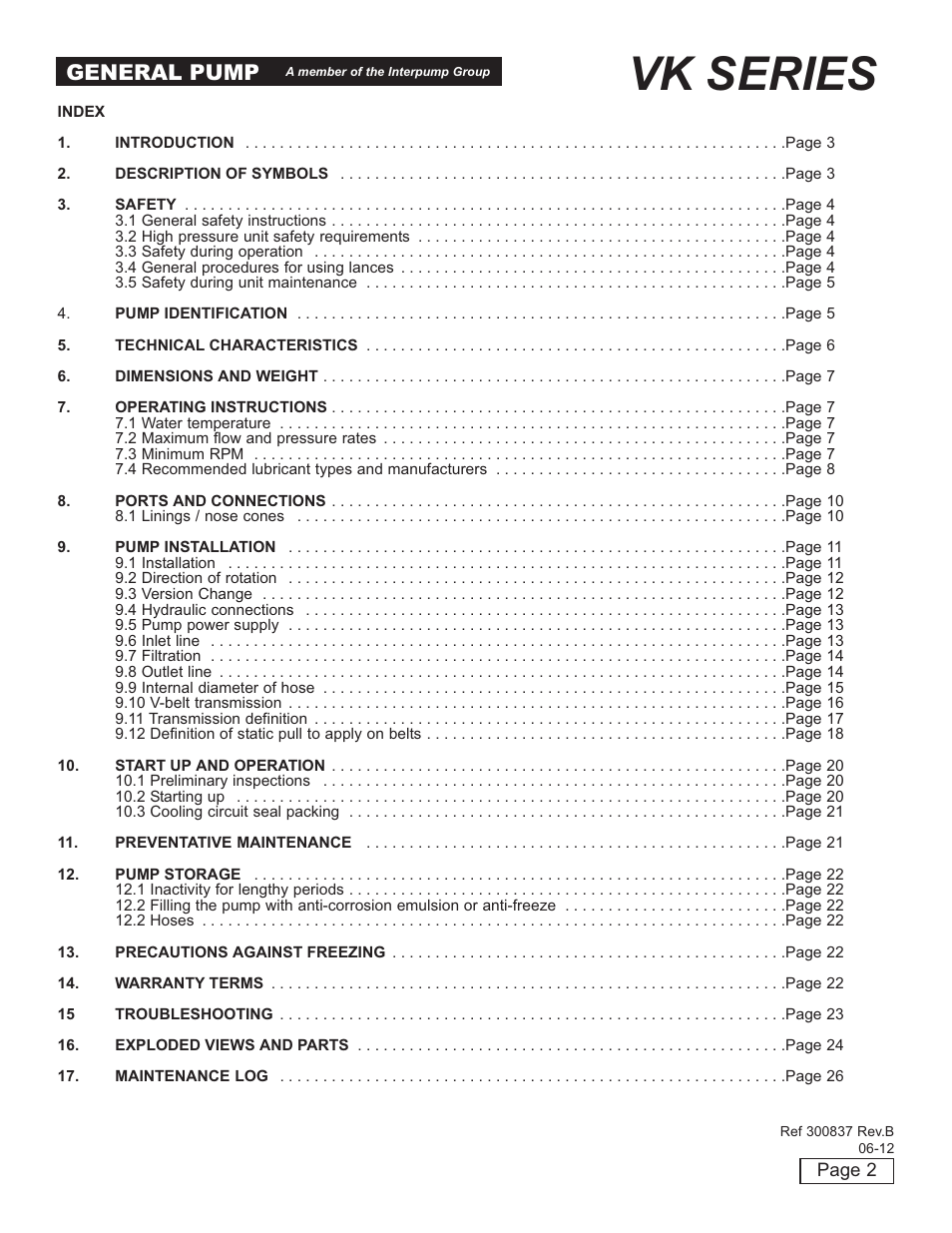 Vk series, General pump | General Pump VK Owner Manual User Manual | Page 2 / 26