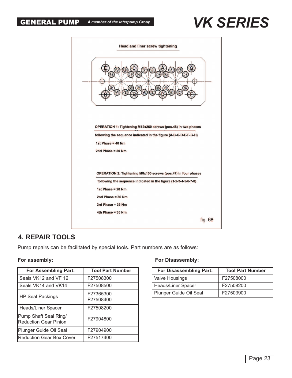 Vk series, General pump, Repair tools | General Pump VK Repair Manual User Manual | Page 23 / 24