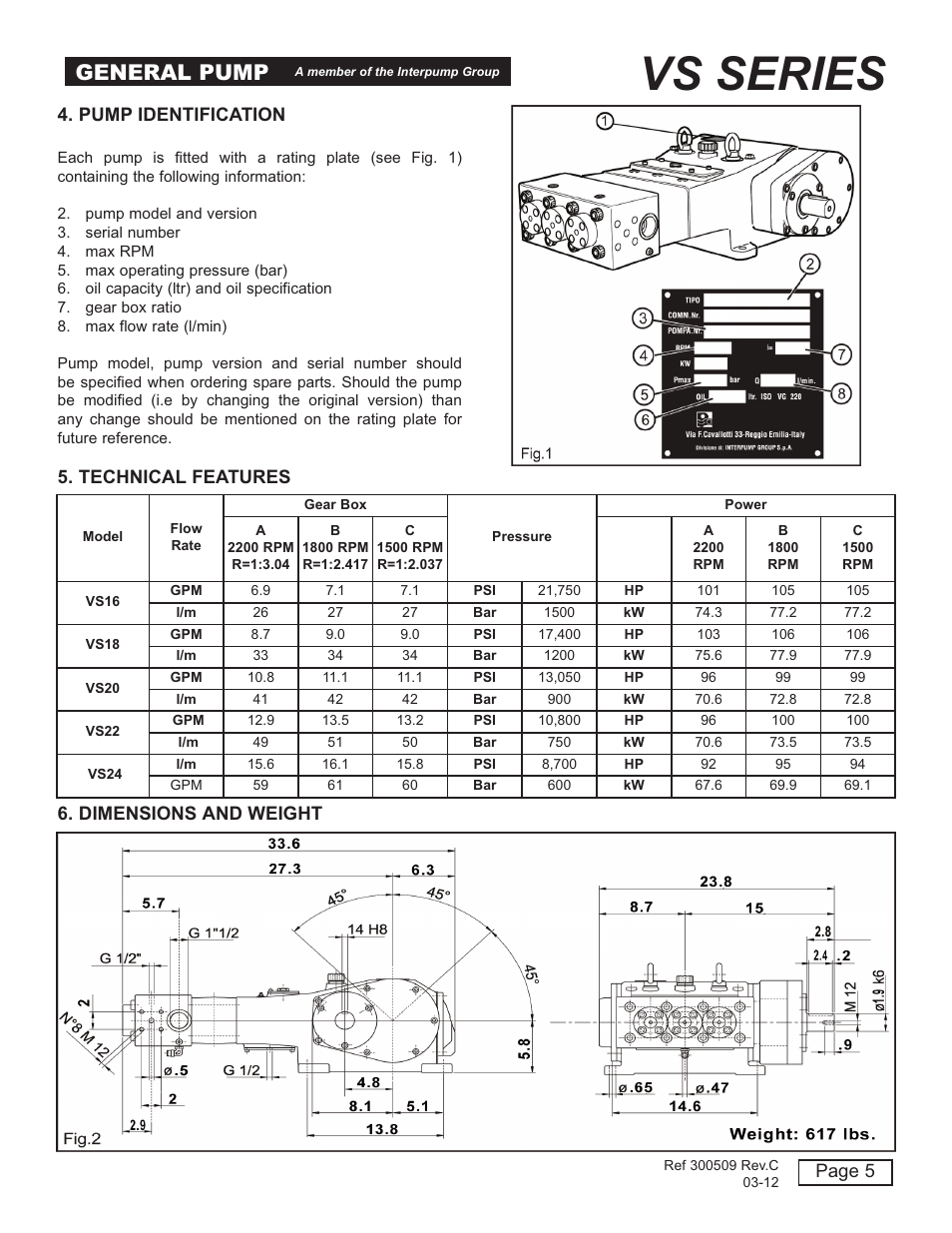 Vs series, General pump, Page 5 4. pump identification | Technical features 6. dimensions and weight | General Pump VS User Manual | Page 5 / 18