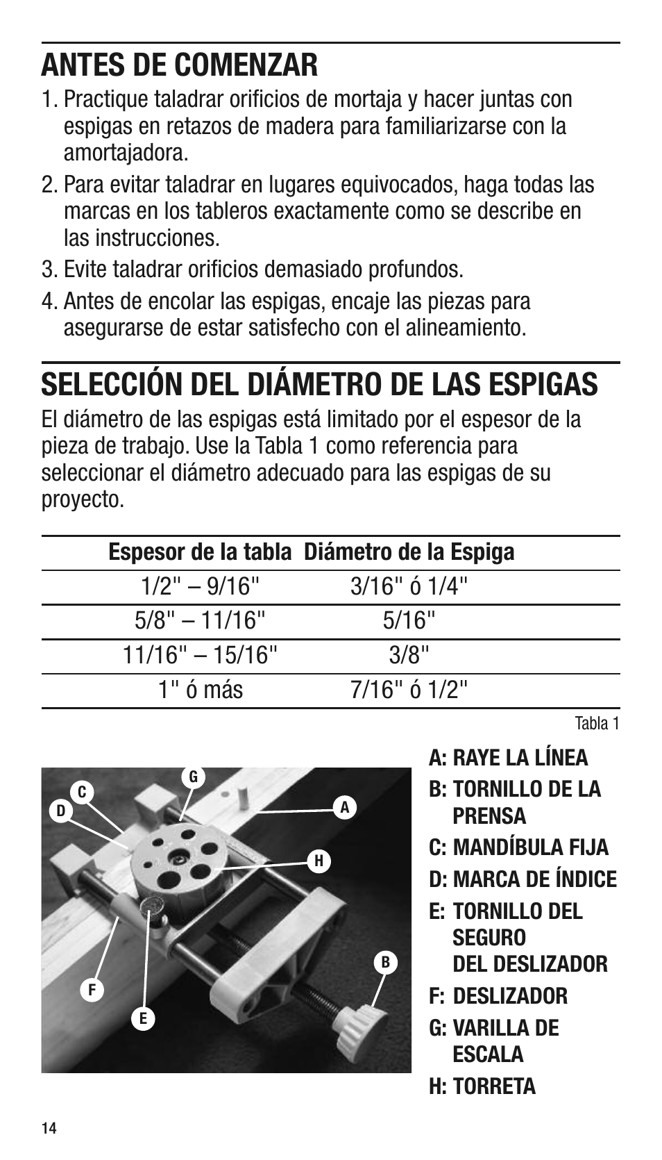 Antes de comenzar, Selección del diámetro de las espigas | General Tools and Instruments 840 Pro Doweling Kit User Manual | Page 14 / 36