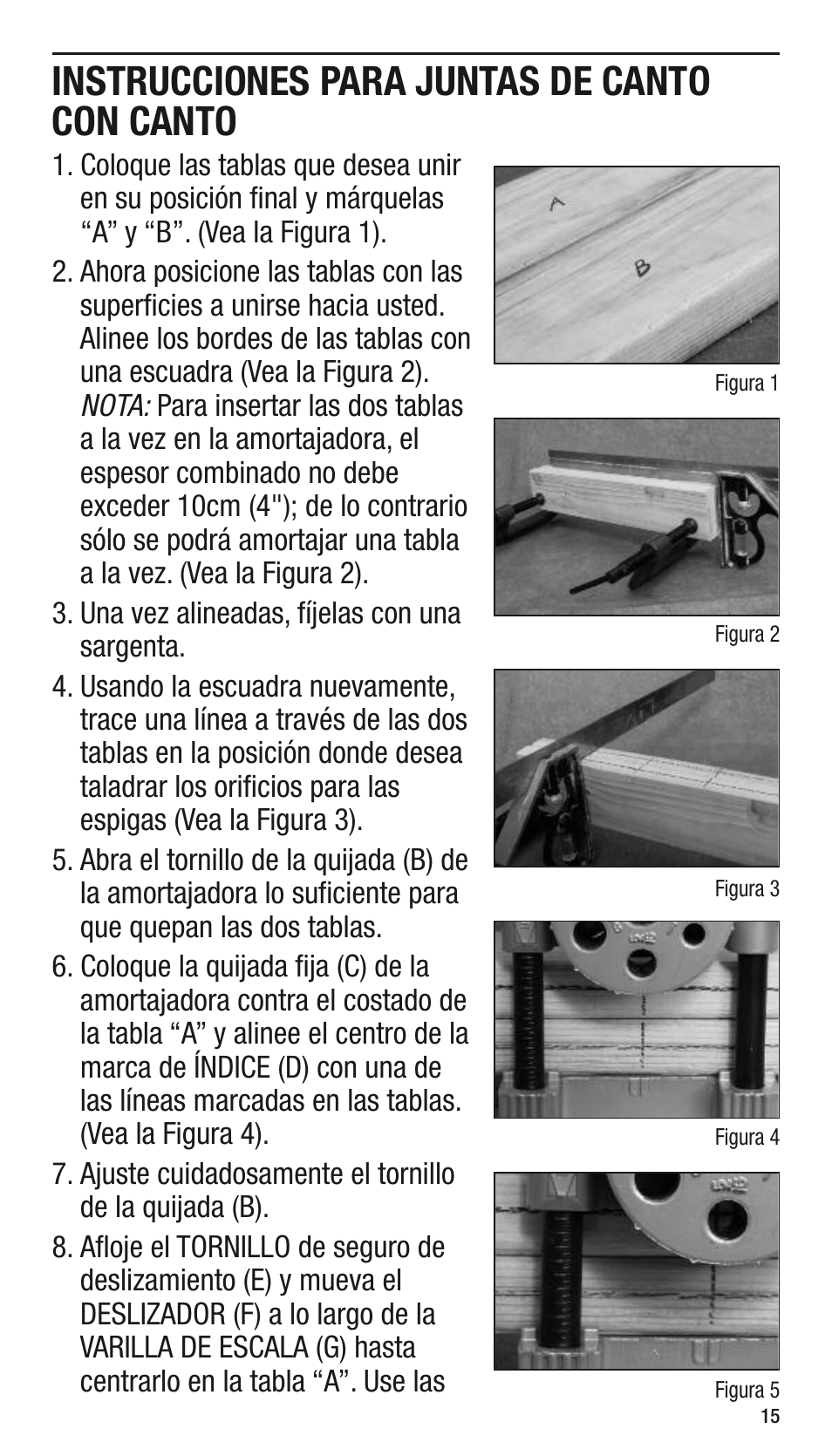 Instrucciones para juntas de canto con canto | General Tools and Instruments 840 Pro Doweling Kit User Manual | Page 15 / 36