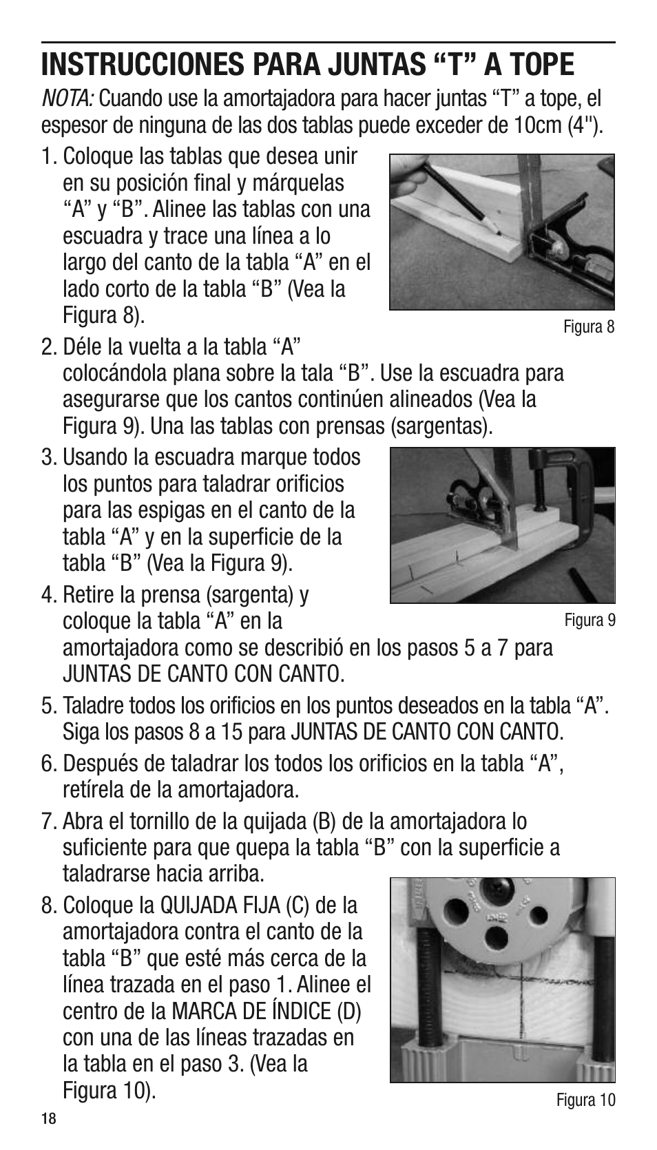 Instrucciones para juntas “t” a tope | General Tools and Instruments 840 Pro Doweling Kit User Manual | Page 18 / 36
