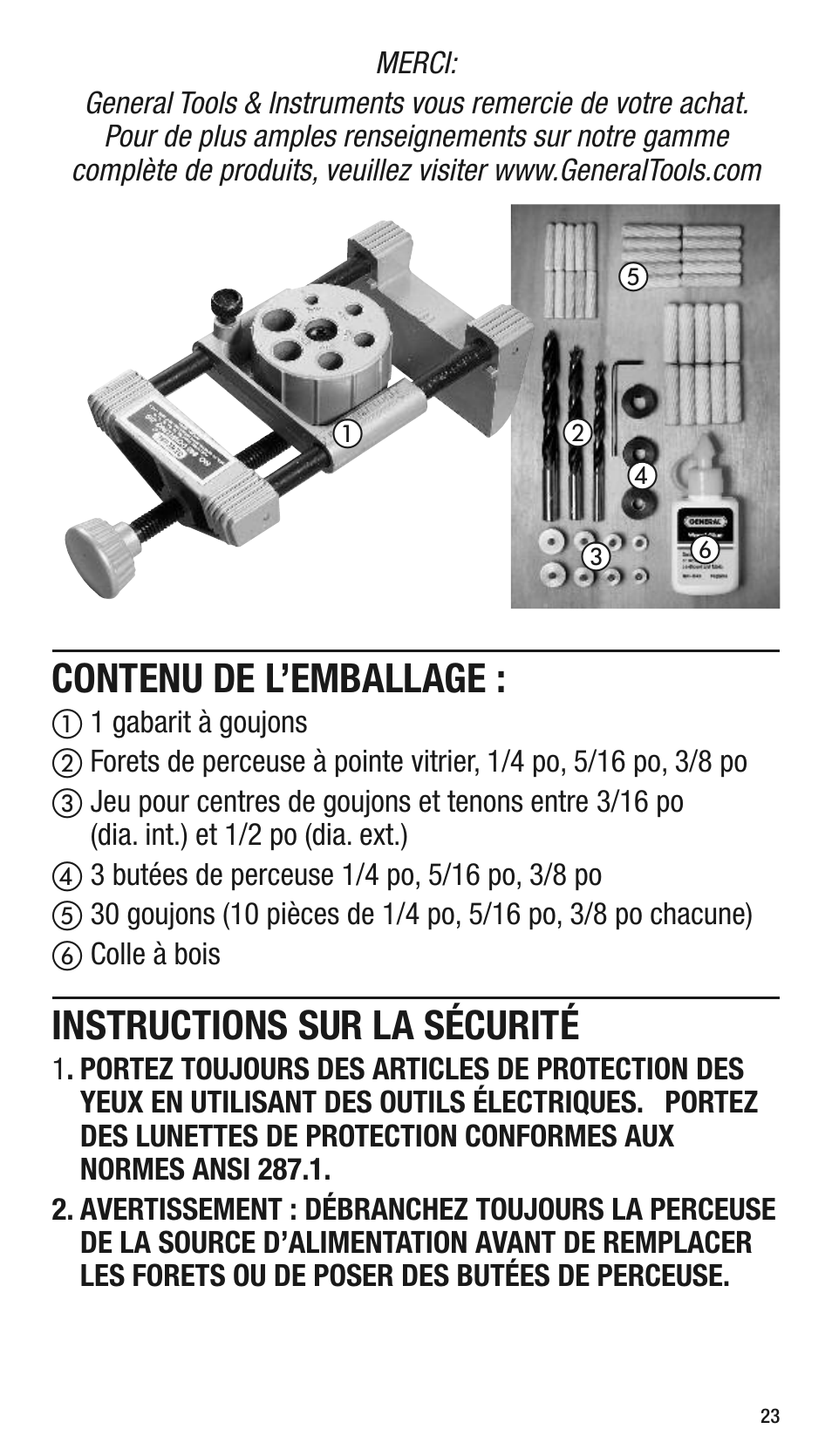 Contenu de l’emballage, Instructions sur la sécurité | General Tools and Instruments 840 Pro Doweling Kit User Manual | Page 23 / 36