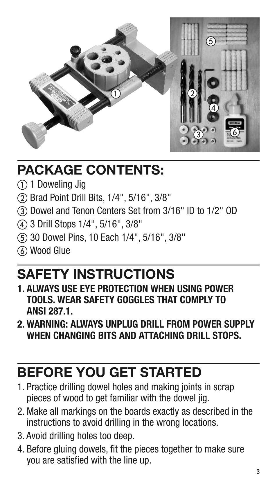 Package contents, Safety instructions, Before you get started | General Tools and Instruments 840 Pro Doweling Kit User Manual | Page 3 / 36