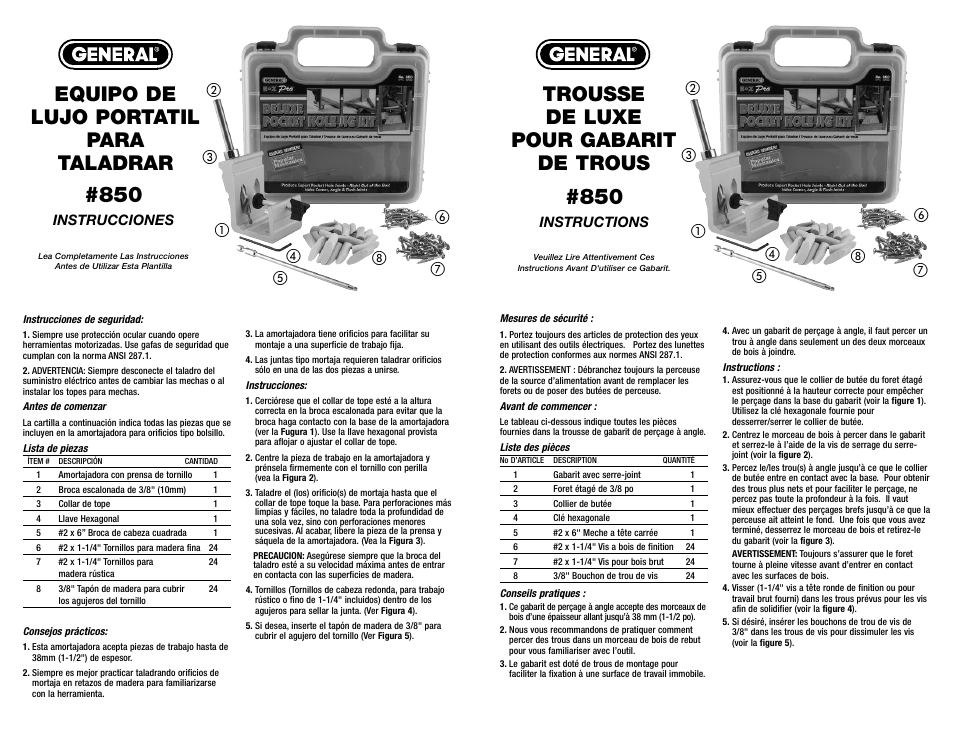 Equipo de lujo portatil para taladrar, Trousse de luxe pour gabarit de trous, Instrucciones | Instructions | General Tools and Instruments 850 User Manual | Page 2 / 2