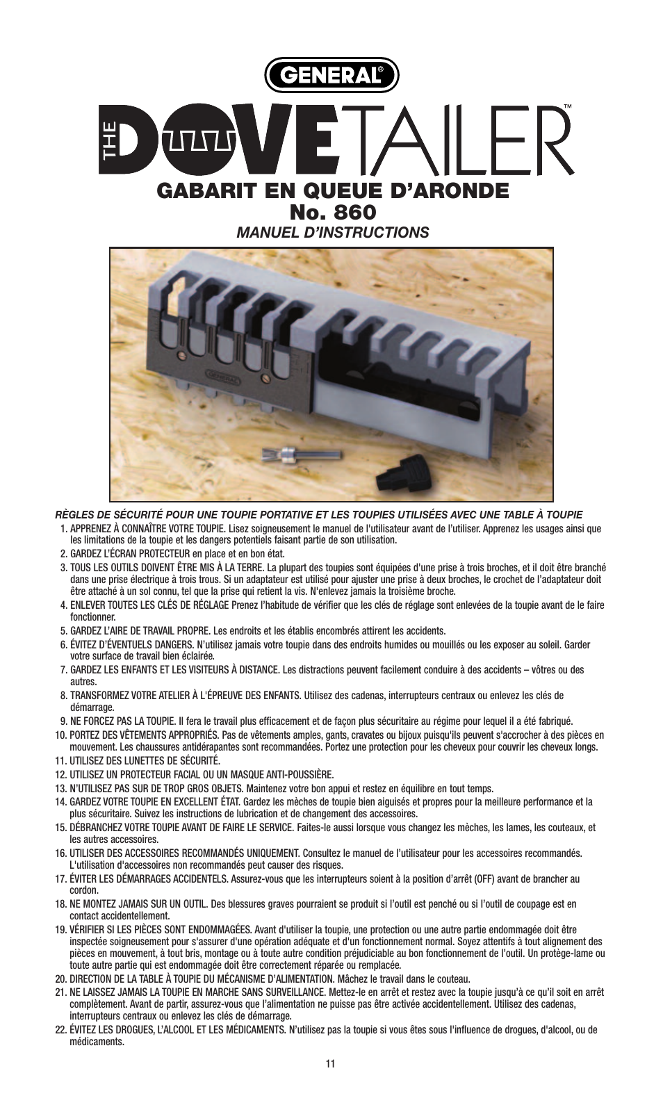 Gabarit en queue d’aronde no. 860, Manuel d’instructions | General Tools and Instruments 860 v.1 User Manual | Page 11 / 16