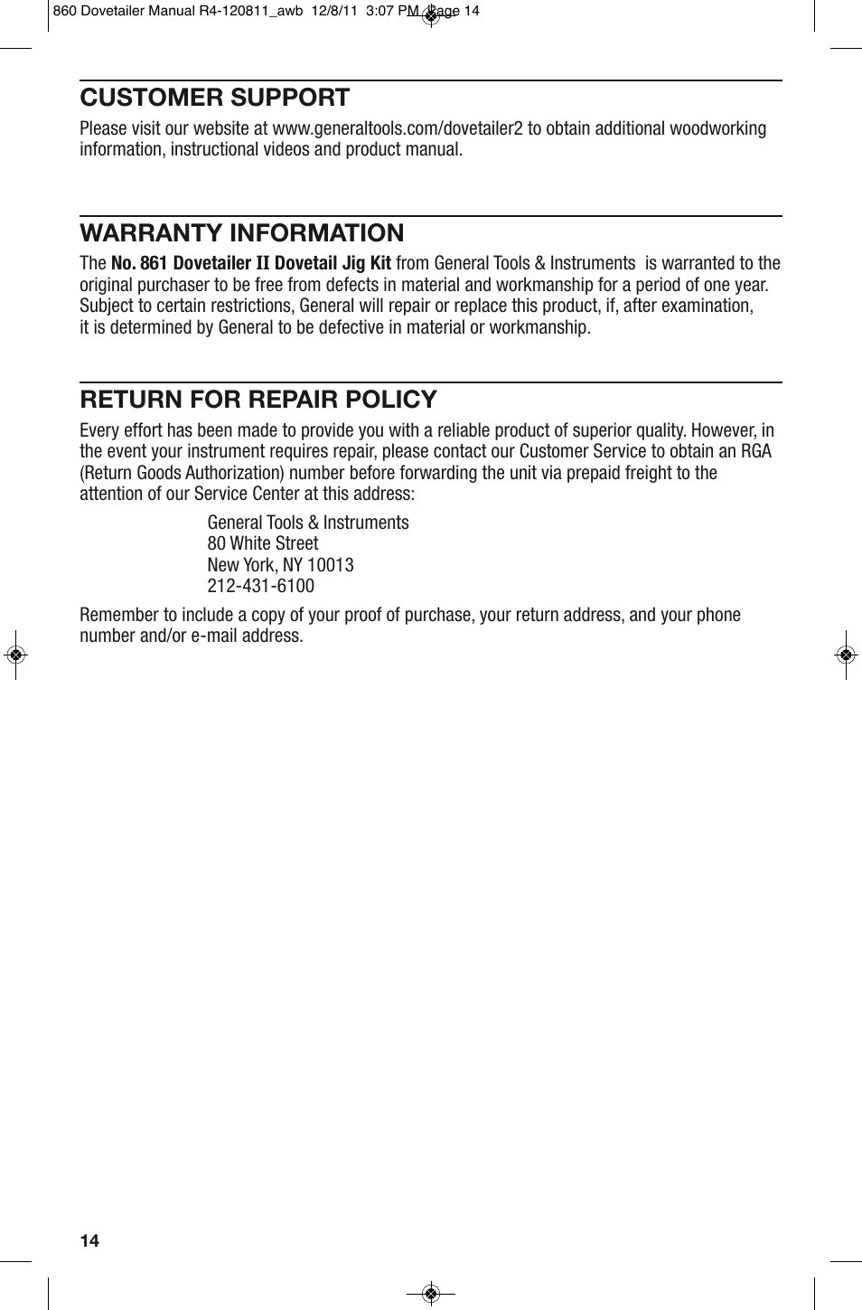 Customer support, Warranty information, Return for repair policy | General Tools and Instruments 860 v.2 User Manual | Page 14 / 44