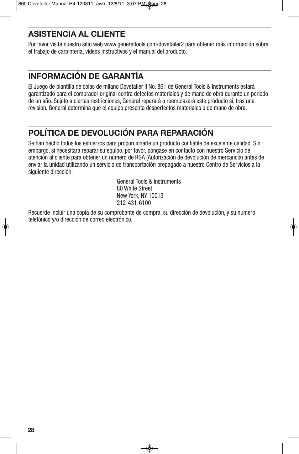 Asistencia al cliente, Información de garantía, Política de devolución para reparación | General Tools and Instruments 860 v.2 User Manual | Page 28 / 44