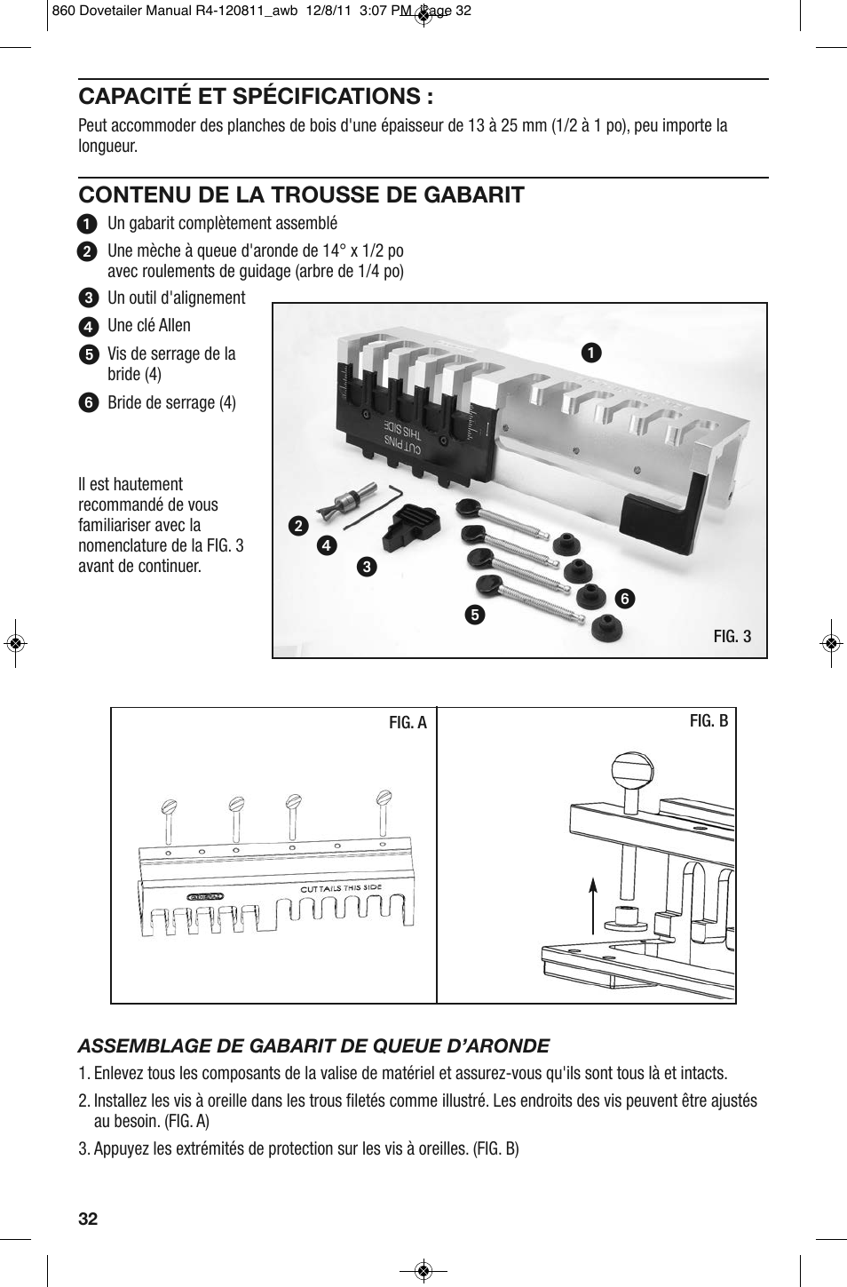 Capacité et spécifications, Contenu de la trousse de gabarit | General Tools and Instruments 860 v.2 User Manual | Page 32 / 44