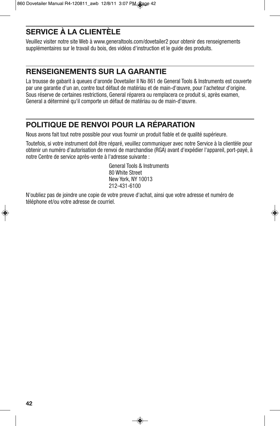 Service à la clientèle, Renseignements sur la garantie, Politique de renvoi pour la réparation | General Tools and Instruments 860 v.2 User Manual | Page 42 / 44