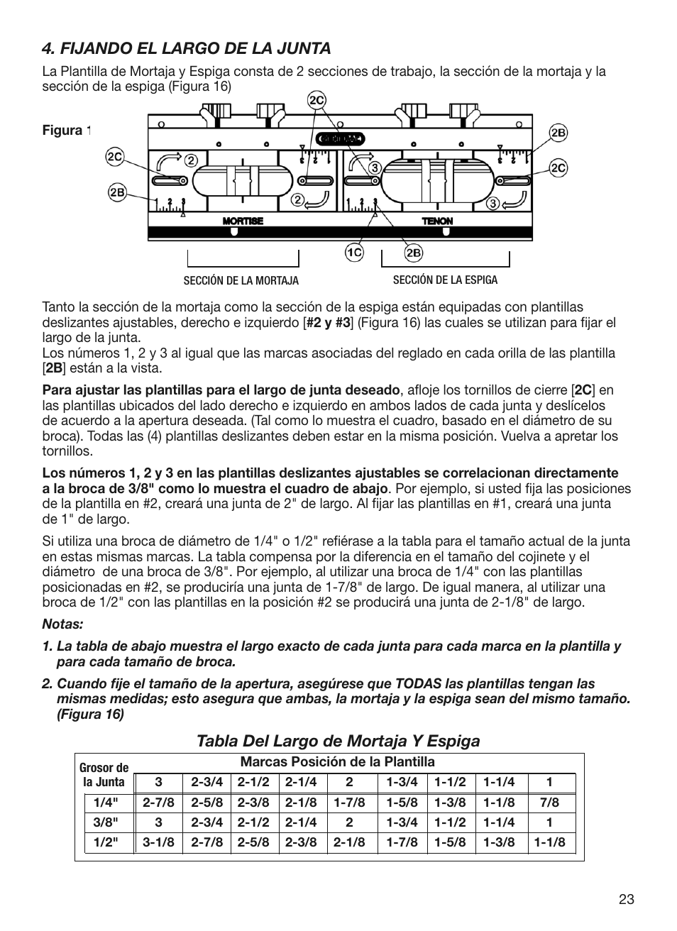 Fijando el largo de la junta, Tabla del largo de mortaja y espiga | General Tools and Instruments 870 v.2 User Manual | Page 23 / 46