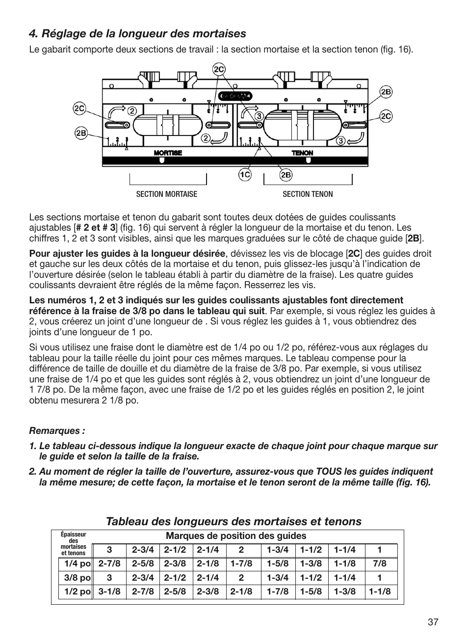 Réglage de la longueur des mortaises, Tableau des longueurs des mortaises et tenons | General Tools and Instruments 870 v.2 User Manual | Page 37 / 46