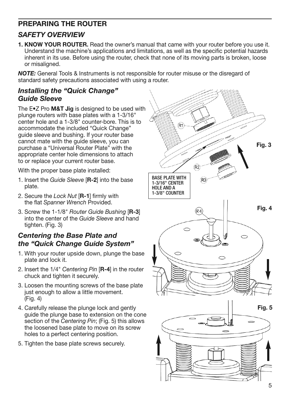 Preparing the router safety overview, Installing the “quick change” guide sleeve | General Tools and Instruments 870 v.2 User Manual | Page 5 / 46