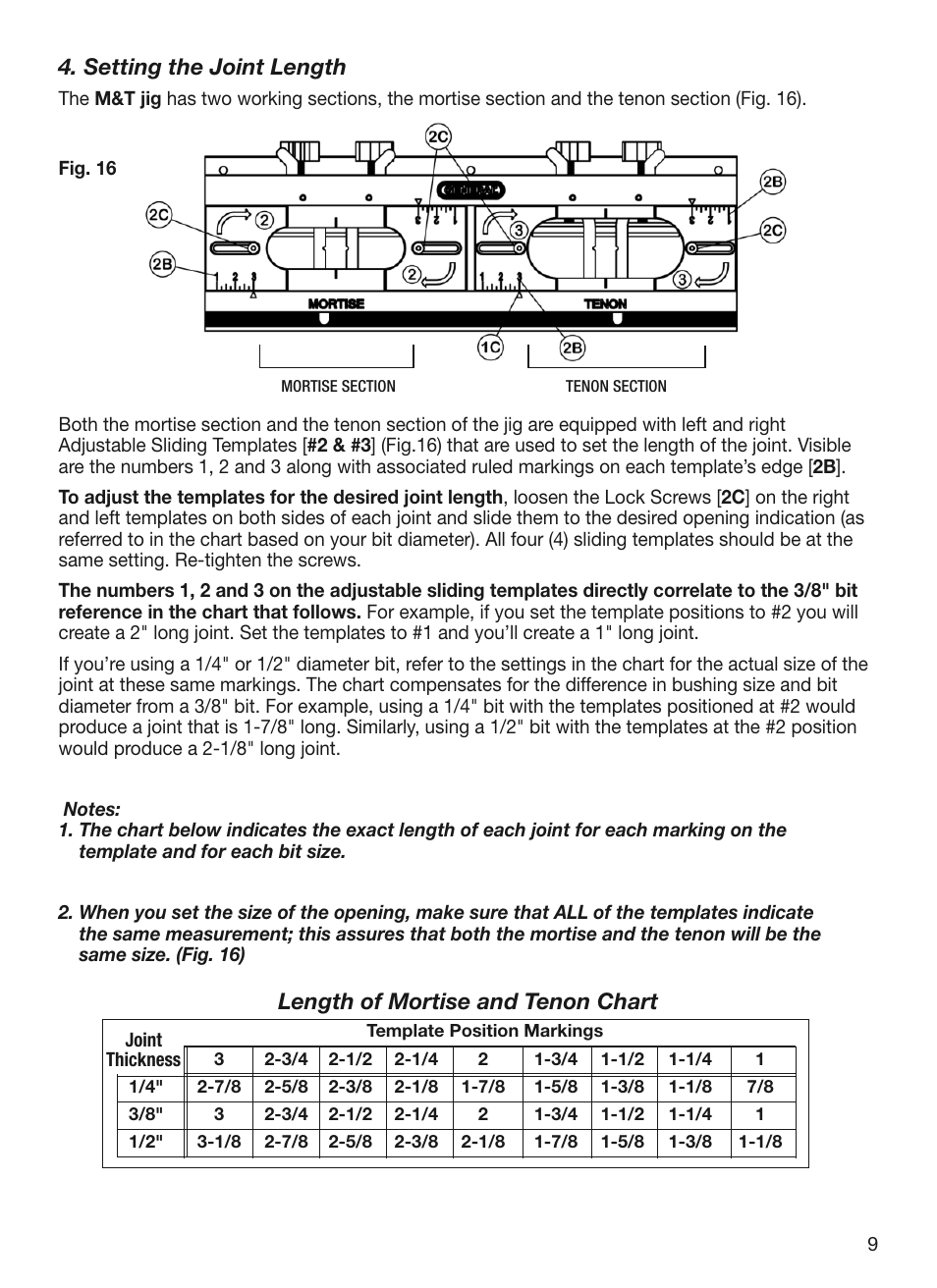 Length of mortise and tenon chart, Setting the joint length | General Tools and Instruments 870 v.2 User Manual | Page 9 / 46