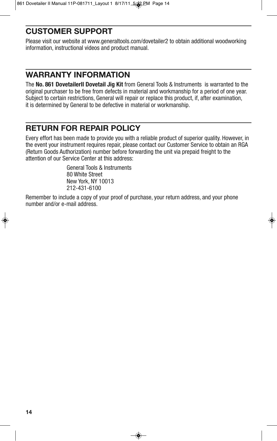 Customer support, Warranty information, Return for repair policy | General Tools and Instruments 861 User Manual | Page 14 / 16