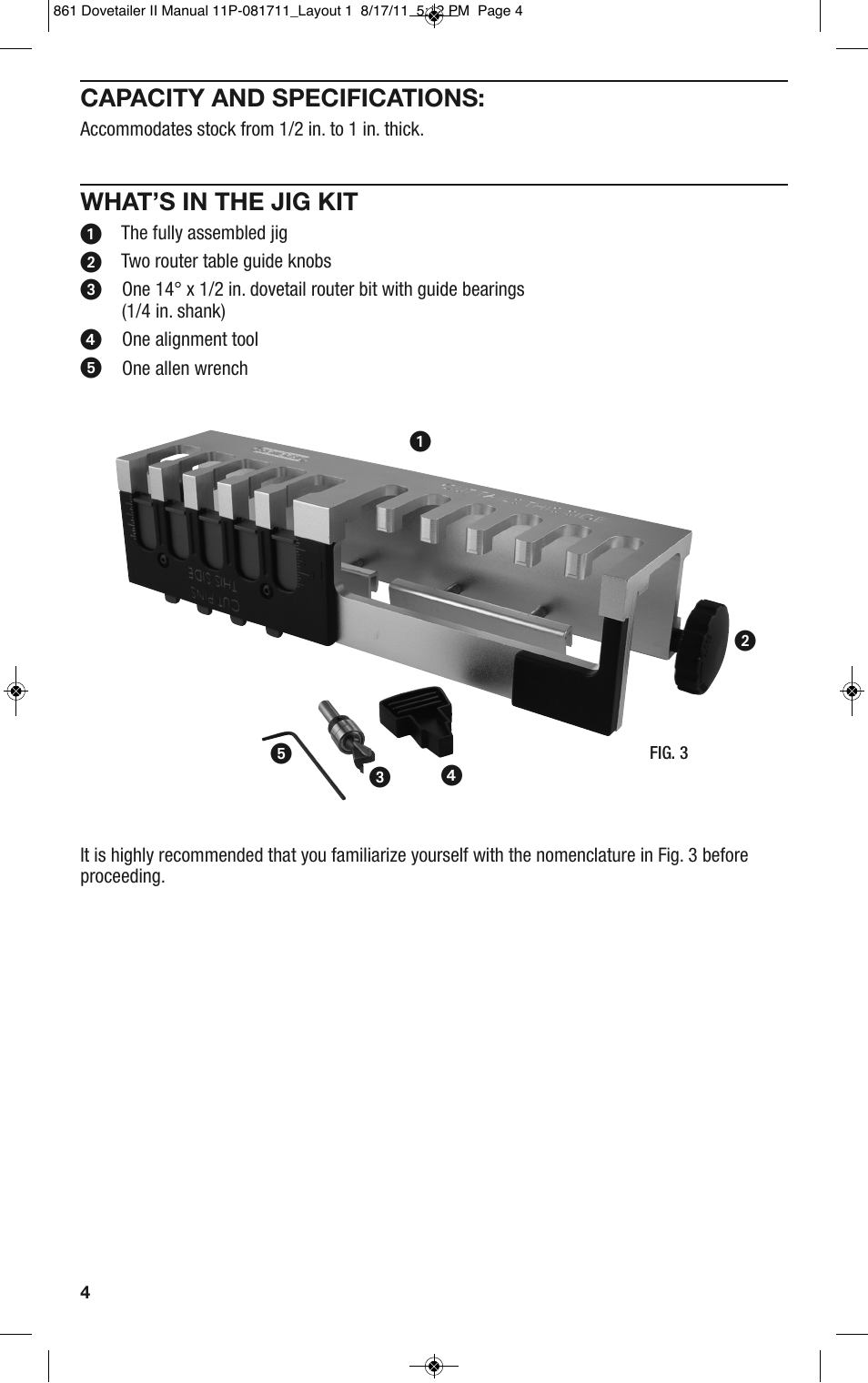 Capacity and specifications, What’s in the jig kit | General Tools and Instruments 861 User Manual | Page 4 / 16