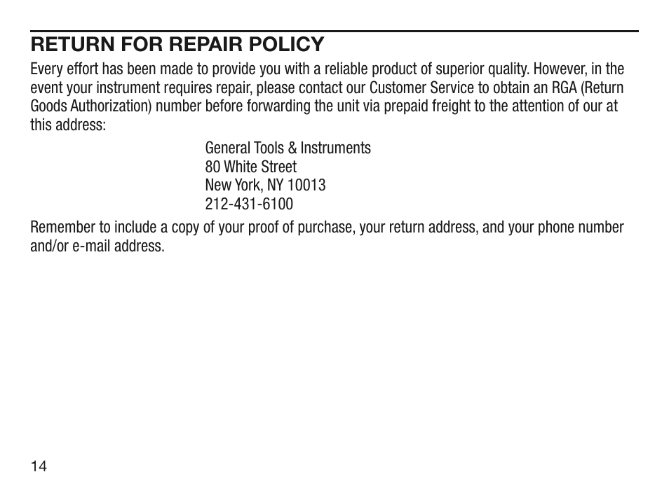 Return for repair policy | General Tools and Instruments AQ150 User Manual | Page 14 / 16