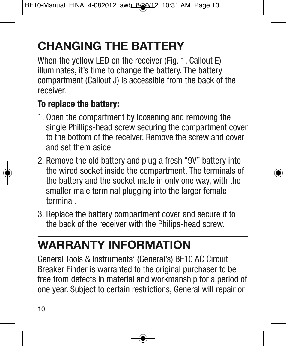 Changing the battery, Warranty information | General Tools and Instruments BF10 User Manual | Page 10 / 12