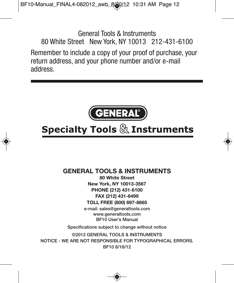 General tools & instruments | General Tools and Instruments BF10 User Manual | Page 12 / 12