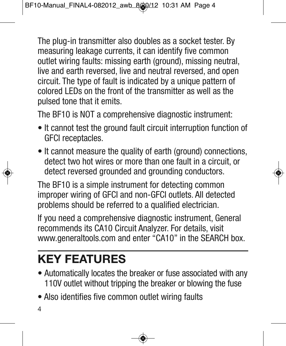 Key features | General Tools and Instruments BF10 User Manual | Page 4 / 12