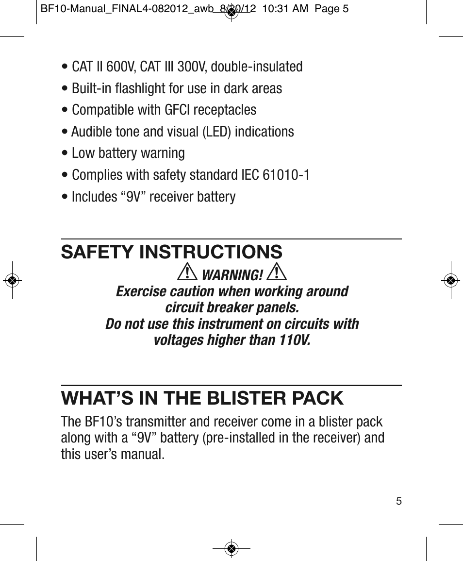 Safety instructions, What’s in the blister pack | General Tools and Instruments BF10 User Manual | Page 5 / 12