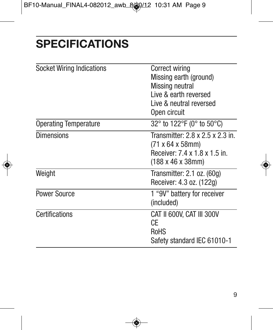 Specifications | General Tools and Instruments BF10 User Manual | Page 9 / 12