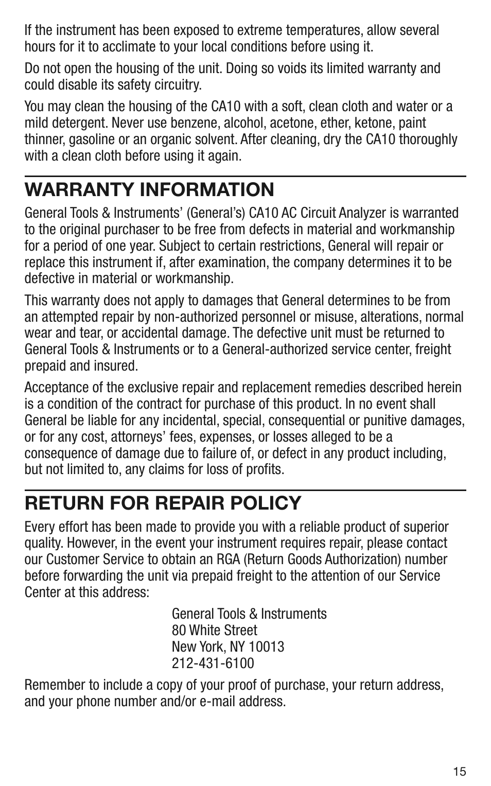 Warranty information, Return for repair policy | General Tools and Instruments CA10 User Manual | Page 15 / 16