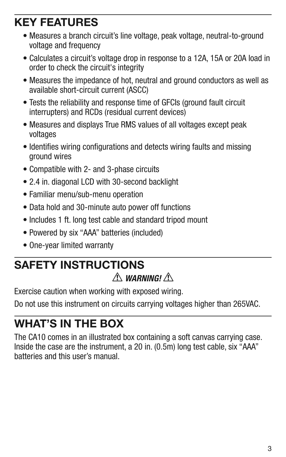 Key features, Safety instructions, What’s in the box | General Tools and Instruments CA10 User Manual | Page 3 / 16