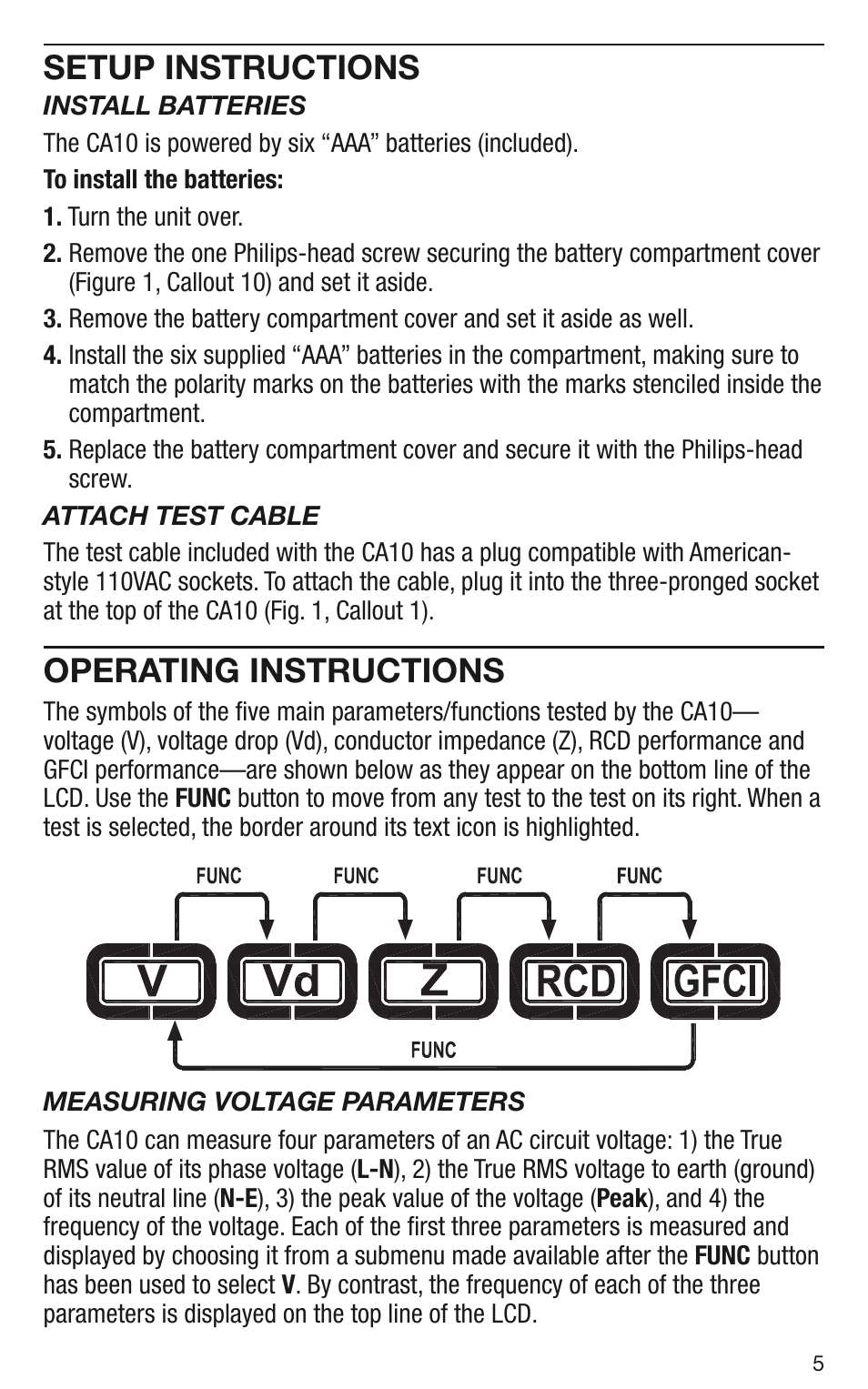Setup instructions, Operating instructions | General Tools and Instruments CA10 User Manual | Page 5 / 16