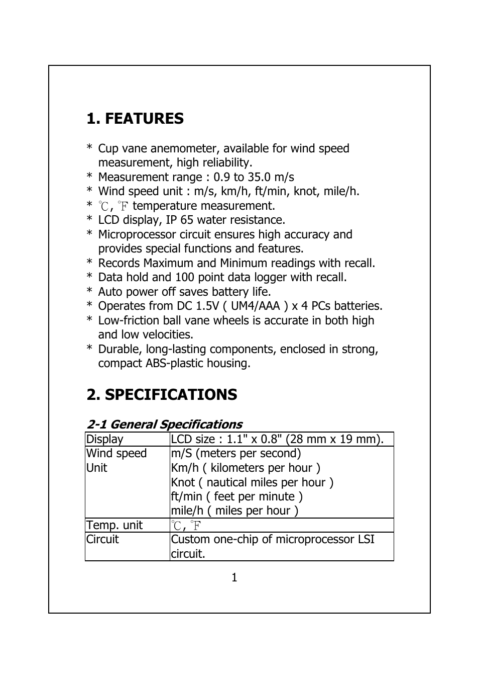 Features, Specifications | General Tools and Instruments CAF4221 User Manual | Page 3 / 12