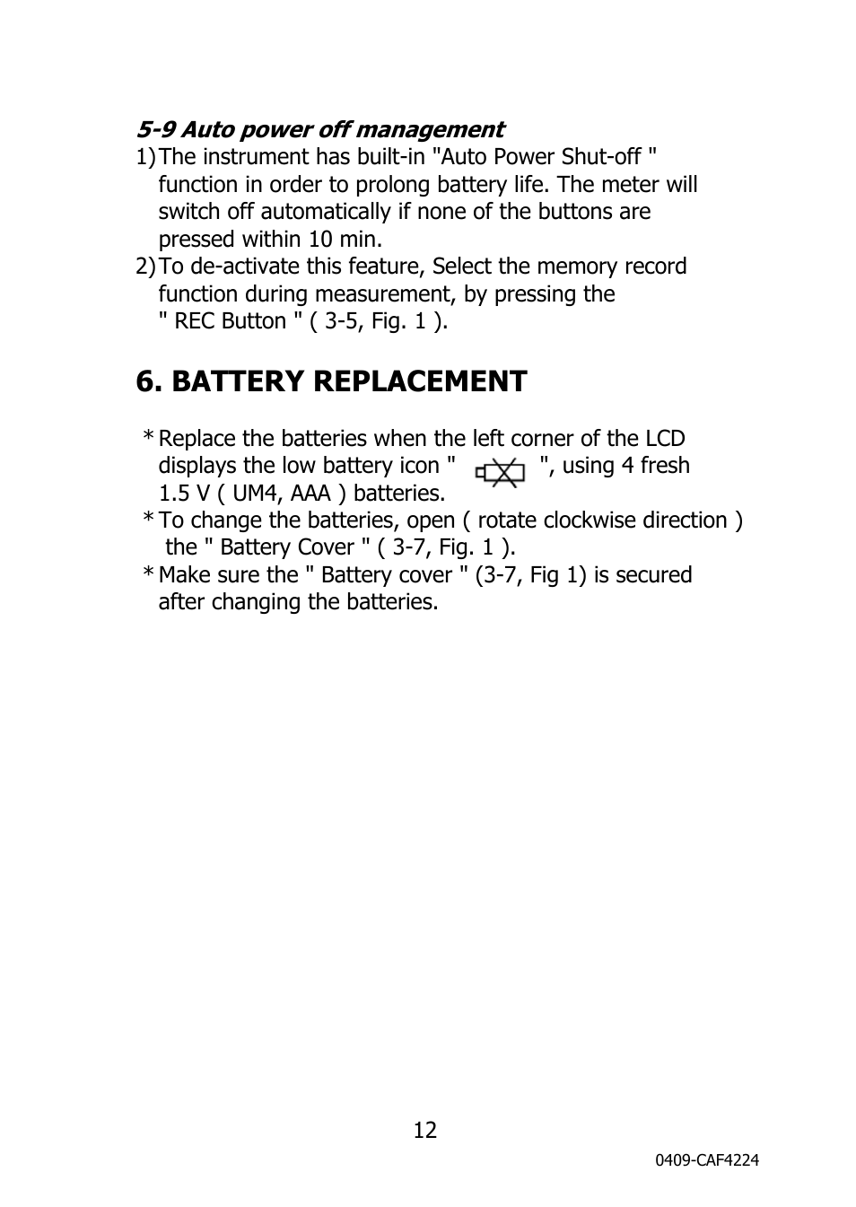 Battery replacement | General Tools and Instruments CAF4224 User Manual | Page 14 / 14