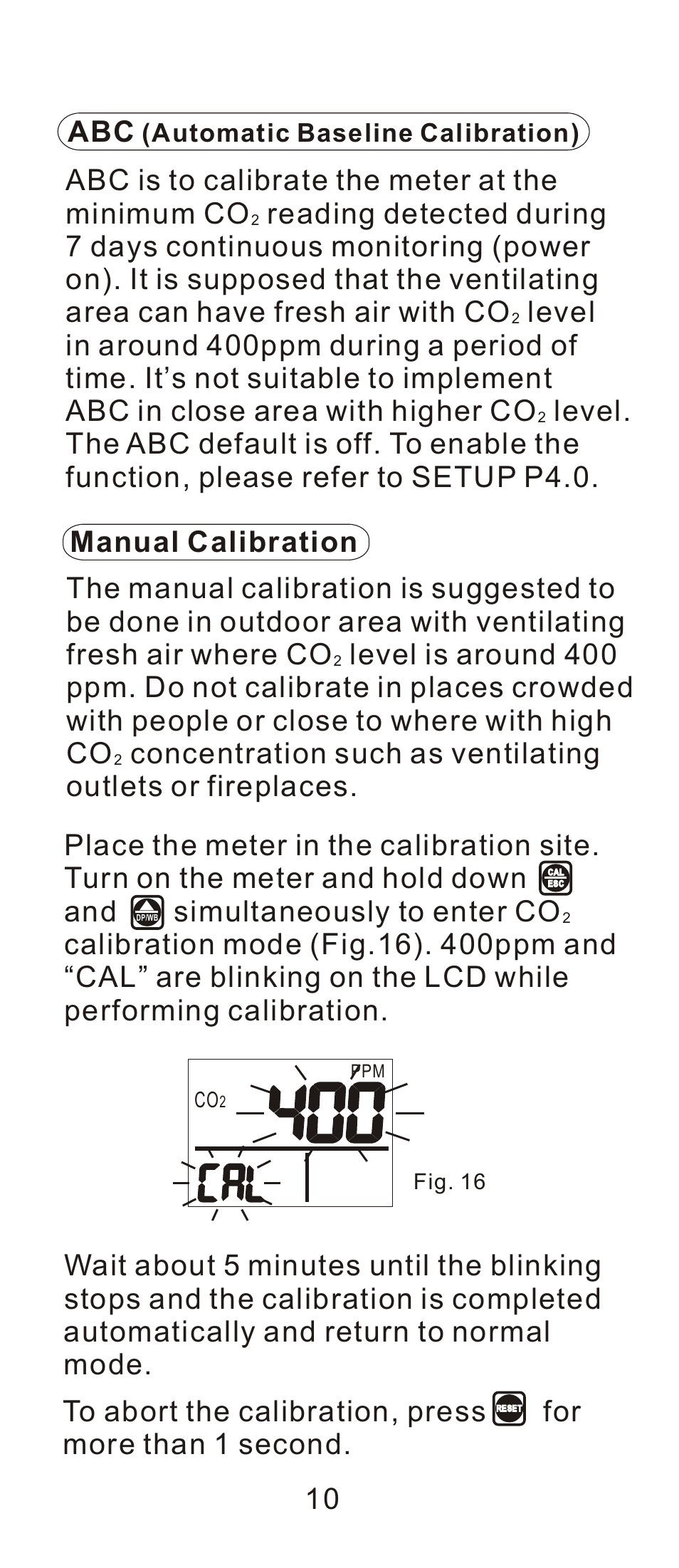 頁面 11, Fresh air where co level is around 400, Outlets or fireplaces | Manual calibration 10 abc, Automatic baseline calibration) | General Tools and Instruments CDM7722 User Manual | Page 11 / 15