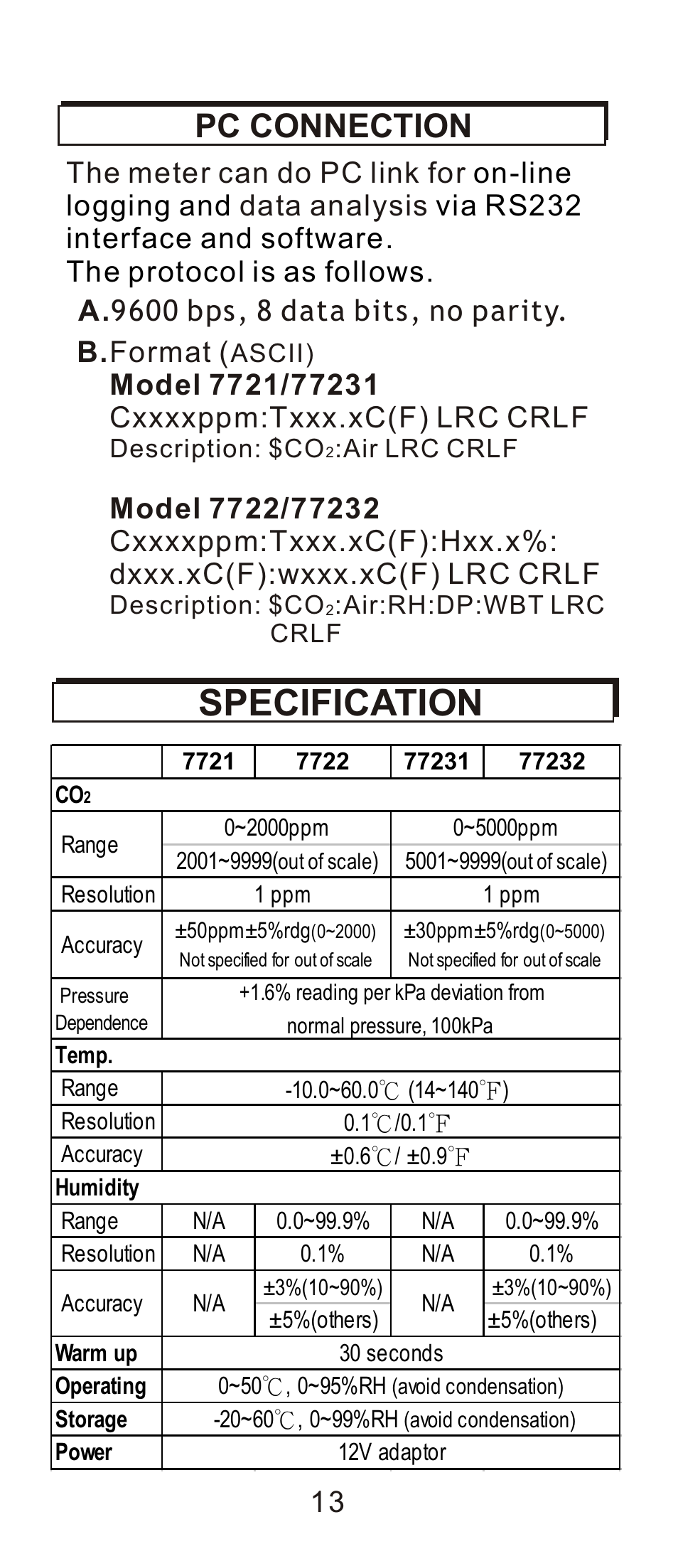頁面 14, Specification, Pc connection | General Tools and Instruments CDM7722 User Manual | Page 14 / 15