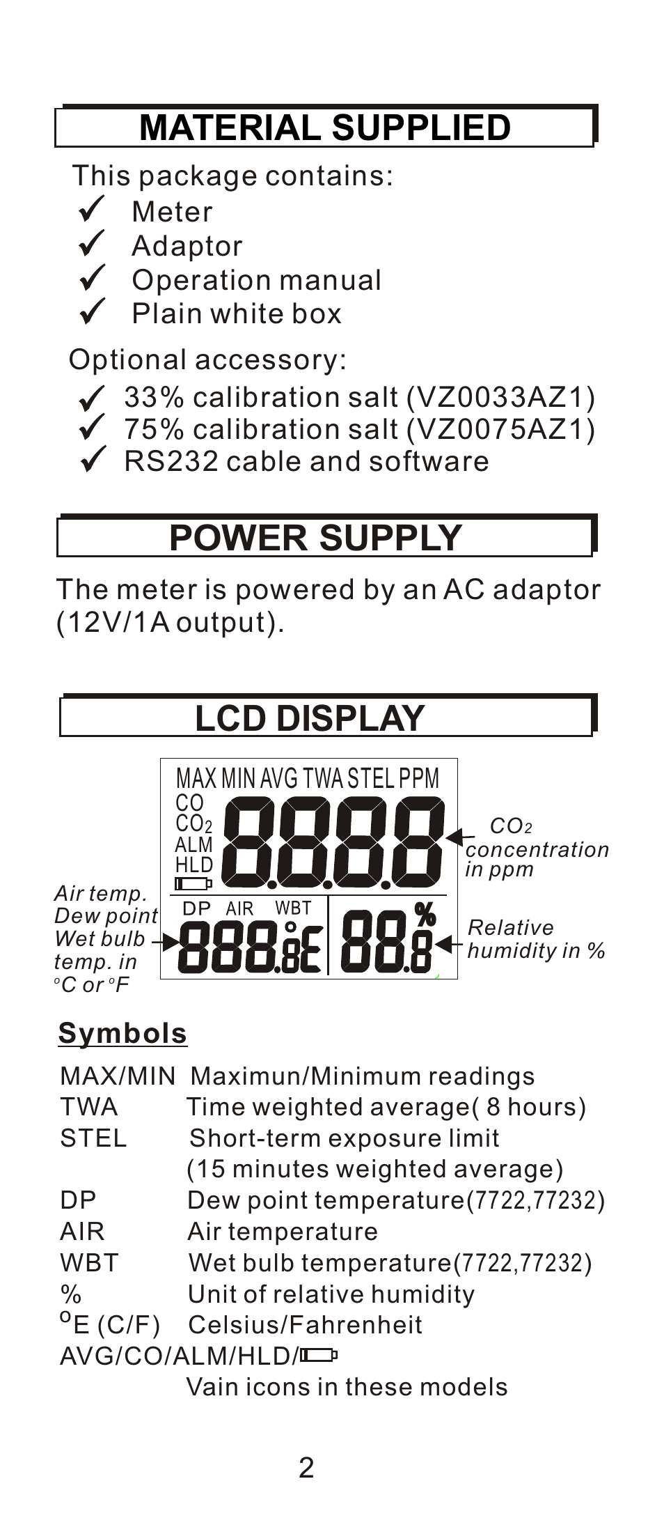 頁面 3, Material supplied, Power supply | Lcd display, Symbols | General Tools and Instruments CDM7722 User Manual | Page 3 / 15