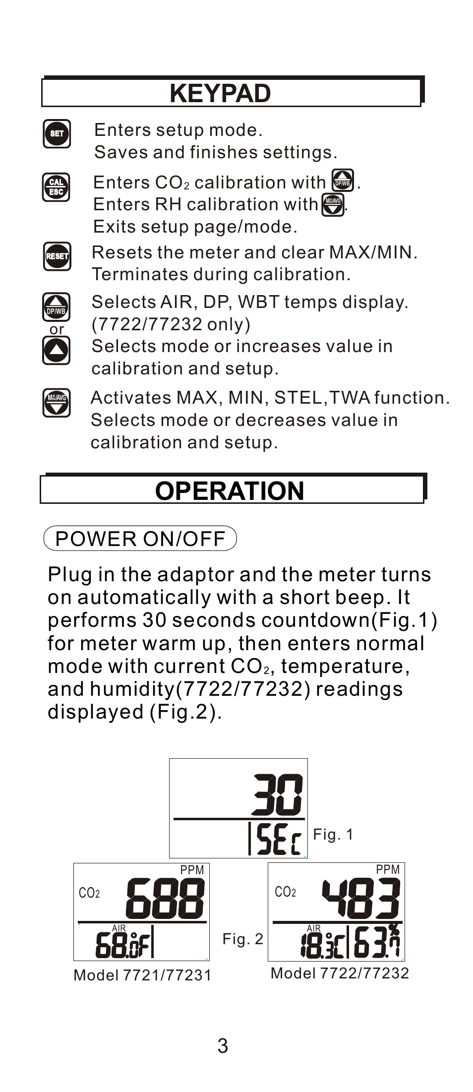 頁面 4, Keypad, Operation | Power on/off, Activates max, min, stel,twa function, Selects mode or, Creases value in calibration and setup | General Tools and Instruments CDM7722 User Manual | Page 4 / 15