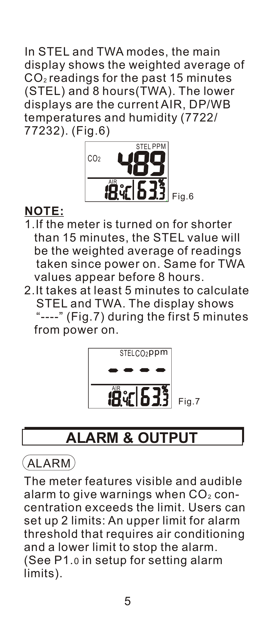 頁面 6, Alarm & output, Readings for the past 15 minutes | Alarm | General Tools and Instruments CDM7722 User Manual | Page 6 / 15