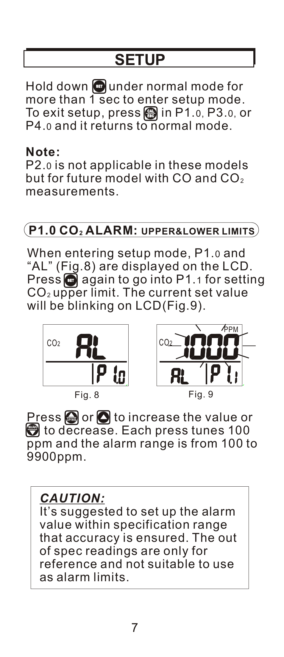 頁面 8, Setup, P1.0 co alarm | When entering setup mode, p1, For setting co, Upper limit. the current set value, Or p4, Measurements | General Tools and Instruments CDM7722 User Manual | Page 8 / 15